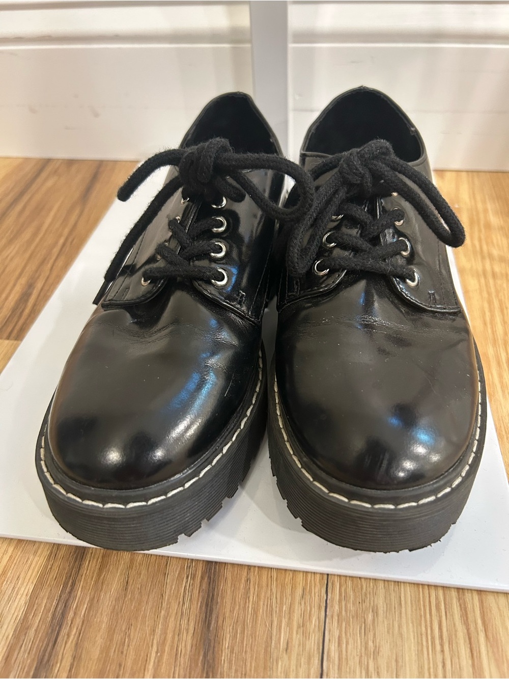 a new day Black Patent Platform Lace-Up Mules